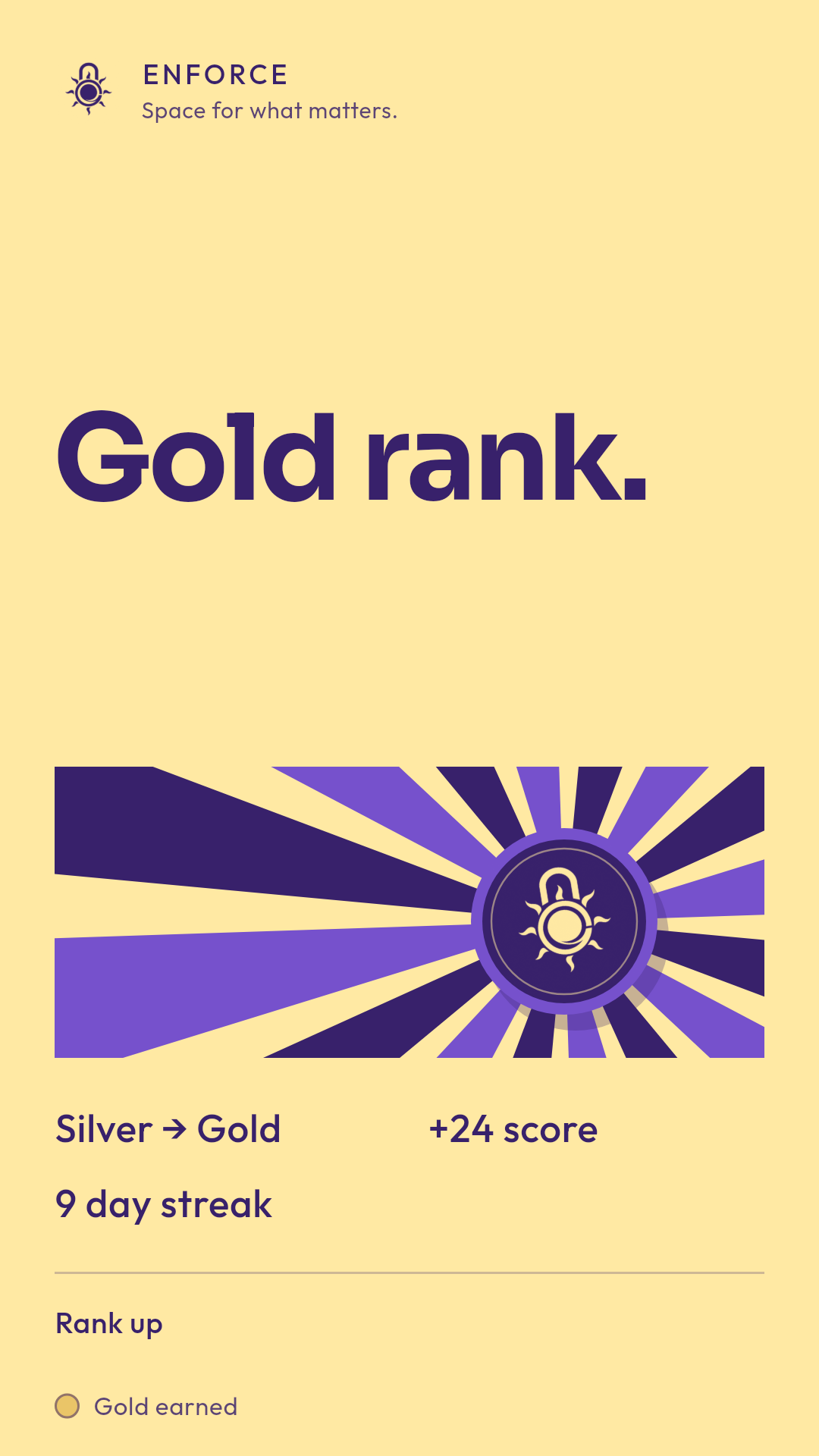 Sample gold Enforce recap celebrating an earned rank.